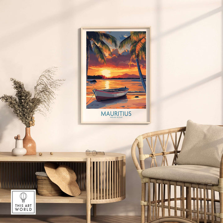 Mauritius travel poster featuring a tropical beach at sunset with palm trees and a boat.