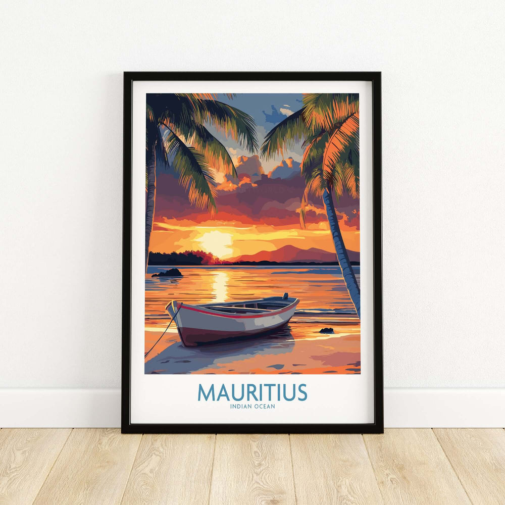 Mauritius travel poster featuring a tropical beach sunset with a boat and palm trees, perfect for travel enthusiasts.