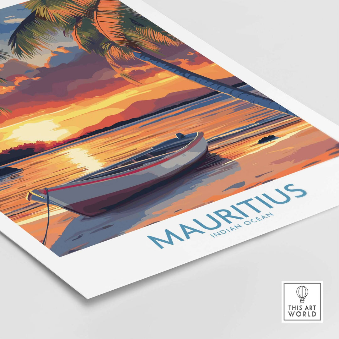 Mauritius travel poster featuring a tropical beach at sunset with palm trees and a boat, perfect for travel lovers.