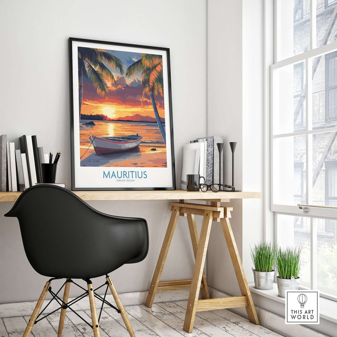 Mauritius travel poster depicting a tropical beach at sunset, perfect for travel lovers' decor.