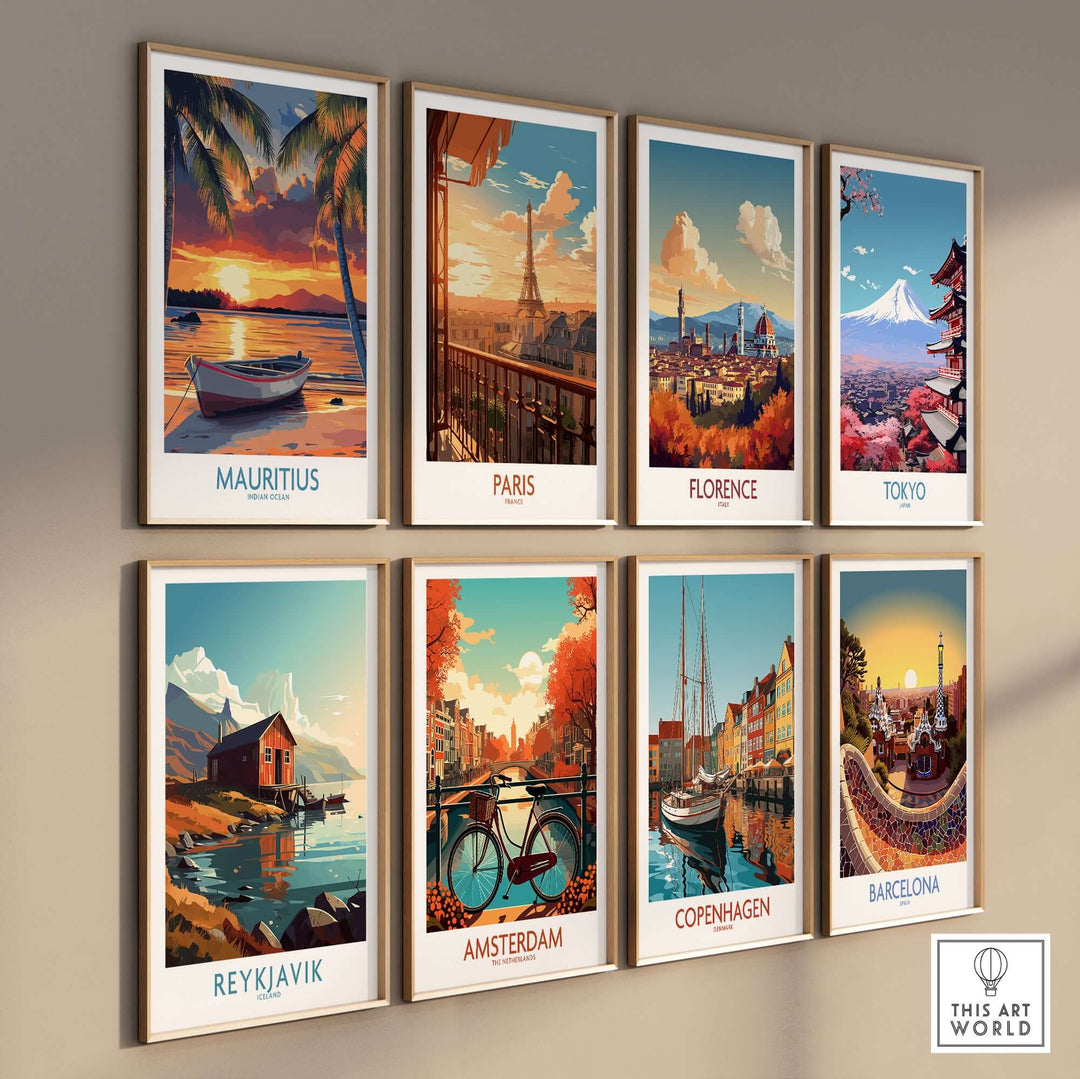 Collection of travel posters featuring Mauritius, Paris, Florence, Tokyo, Reykjavik, Amsterdam, Copenhagen, and Barcelona.