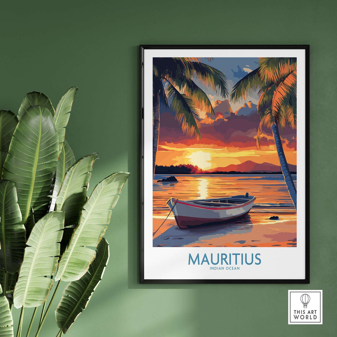 Mauritius travel poster showcasing a tropical beach at sunset, featuring palm trees and a boat on the Indian Ocean.