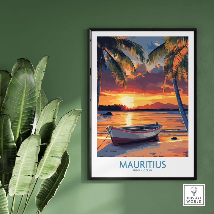Mauritius travel poster showcasing a tropical beach at sunset, featuring palm trees and a boat on the Indian Ocean.