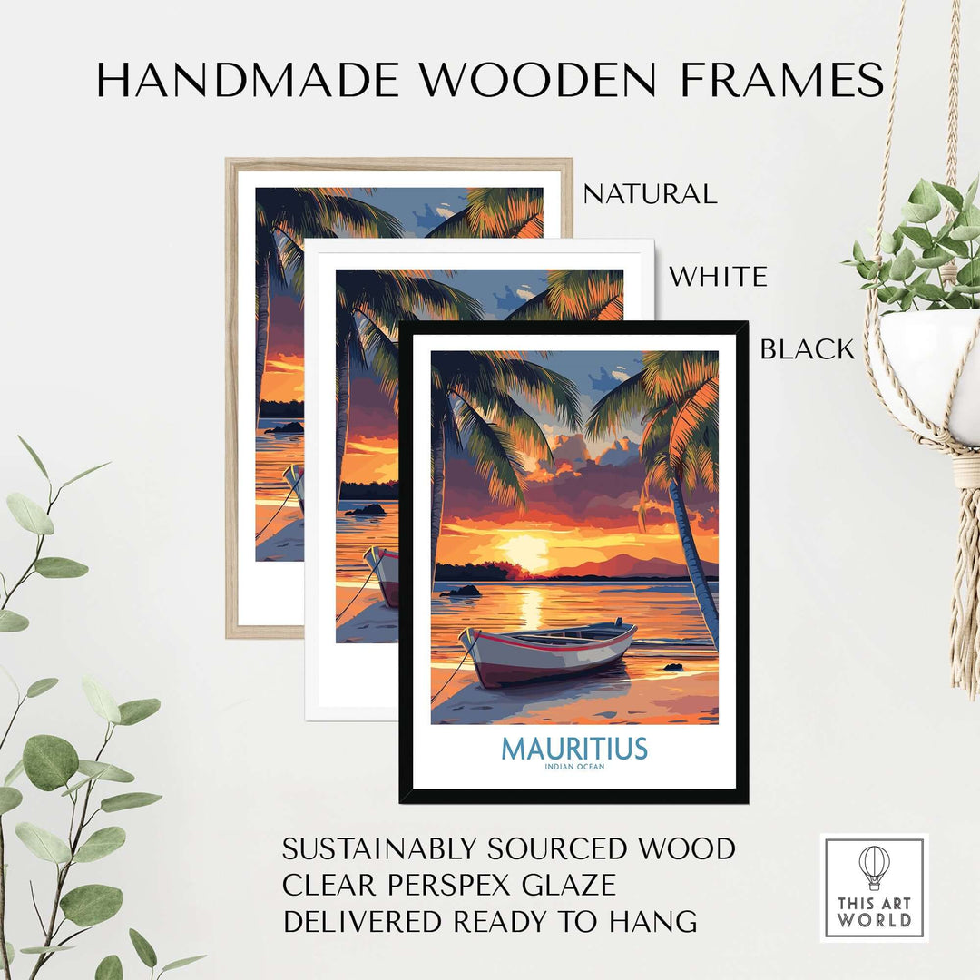Mauritius travel poster framed in natural, white, and black handmade wooden frames showcasing a tropical sunset beach.
