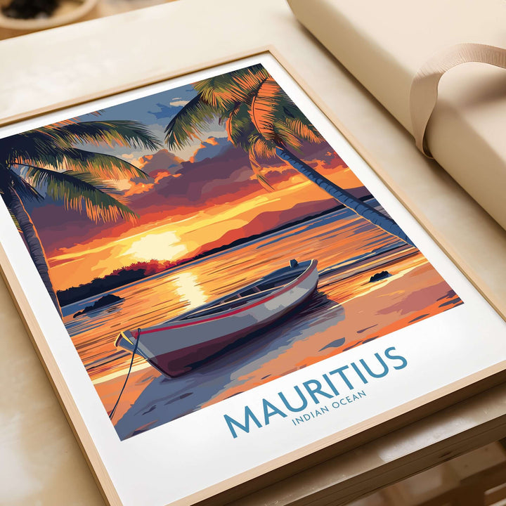 Mauritius travel poster featuring a tropical beach at sunset with a boat and palm trees. Perfect for any travel lover's decor.
