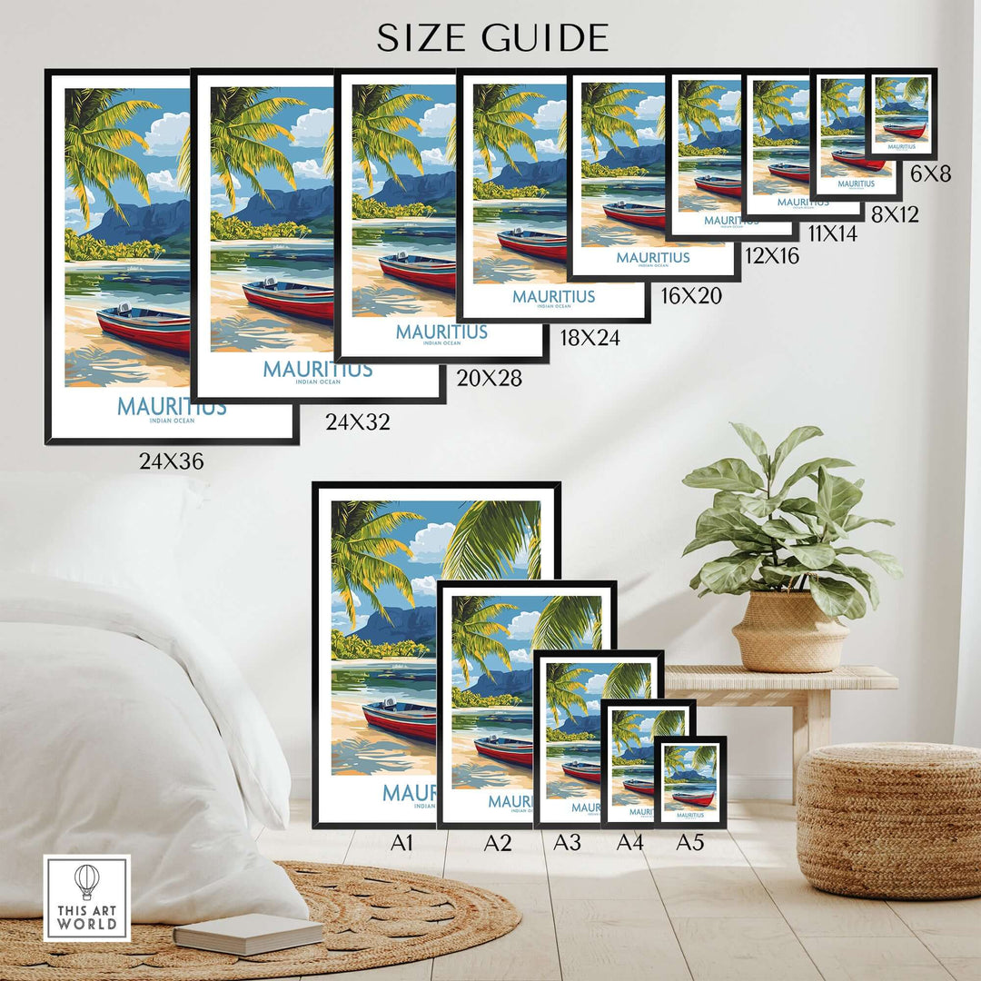 Size guide for Mauritius travel poster showcasing vibrant island decor options and dimensions for various frame sizes.