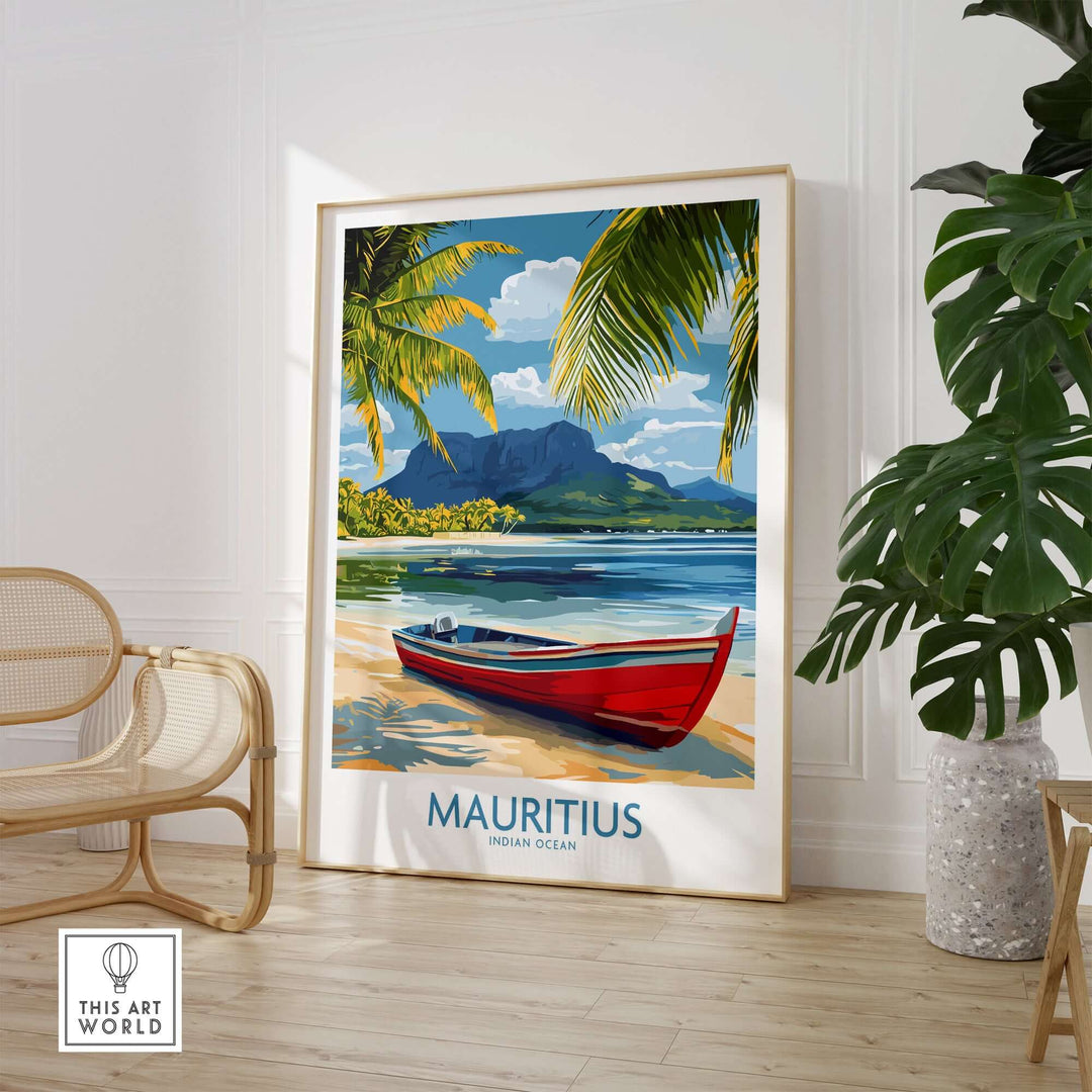 Mauritius travel poster featuring a red boat, palm trees, and mountains, perfect for tropical paradise home decor.
