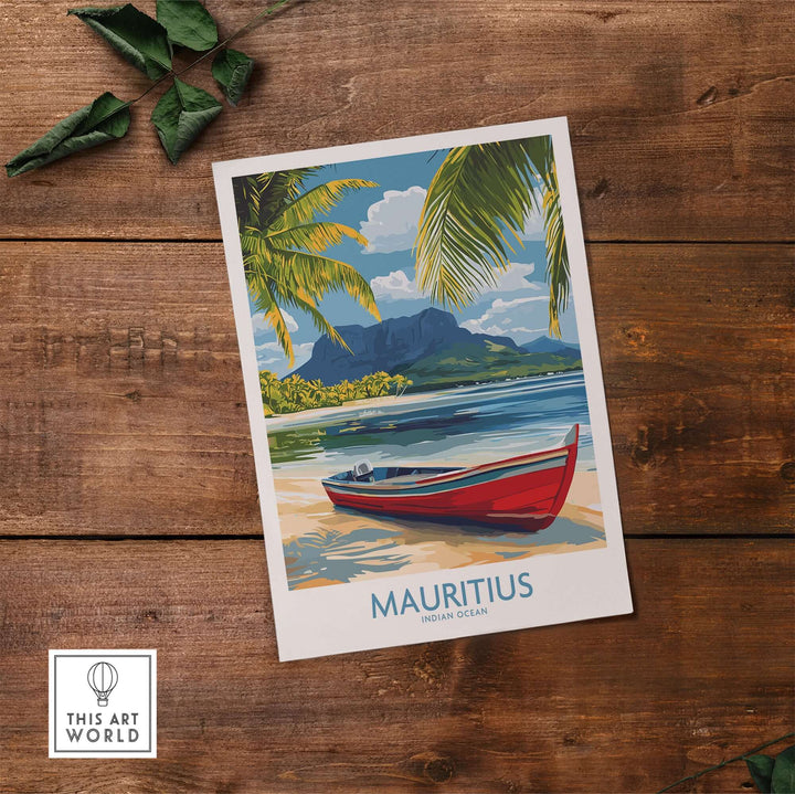 Mauritius travel poster showcasing a red boat, palm trees, and mountains, perfect for tropical paradise decor.