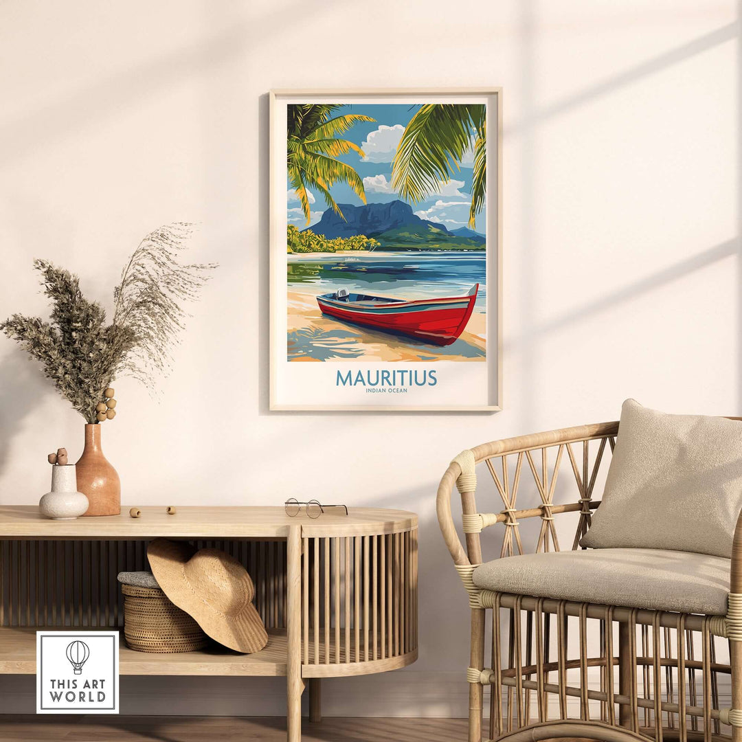 Mauritius travel poster featuring a red boat, palm trees, and mountains, ideal for tropical paradise home decor.