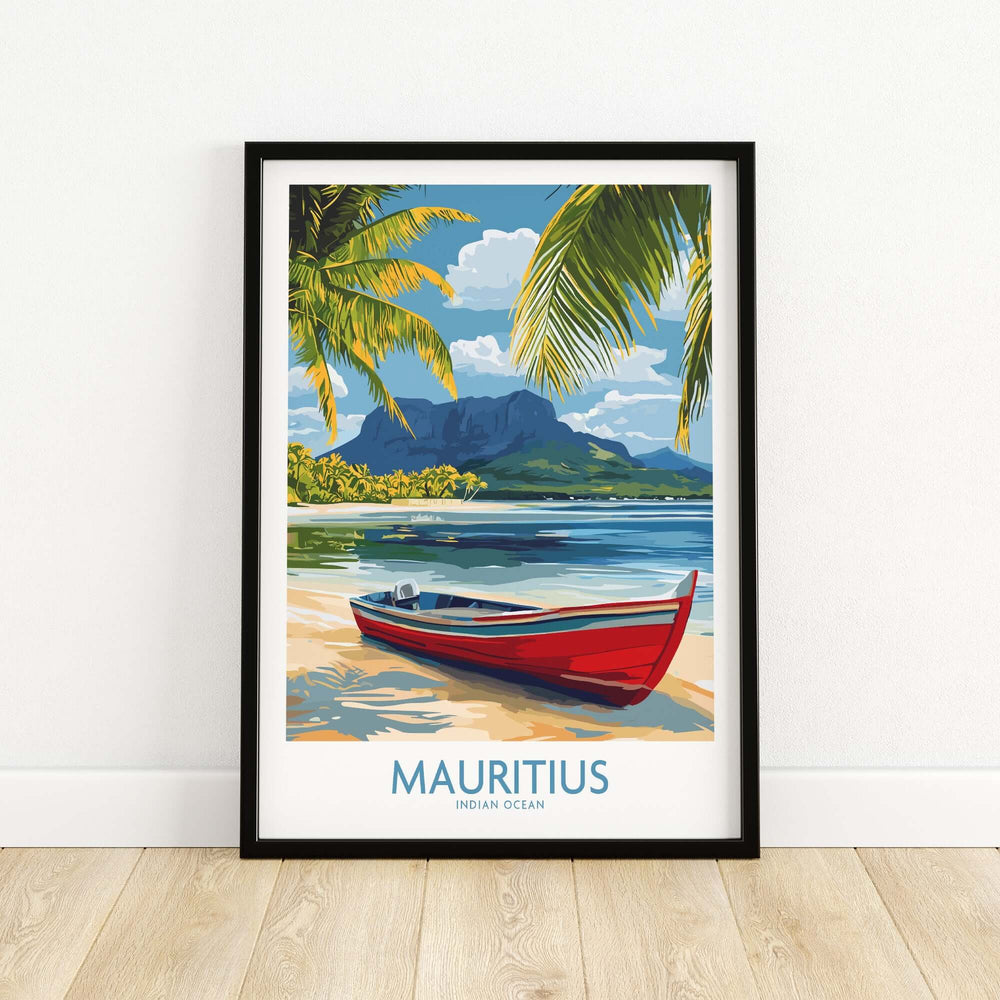 Vibrant Mauritius travel poster featuring a red boat, palm trees, and mountains, perfect tropical paradise decor.