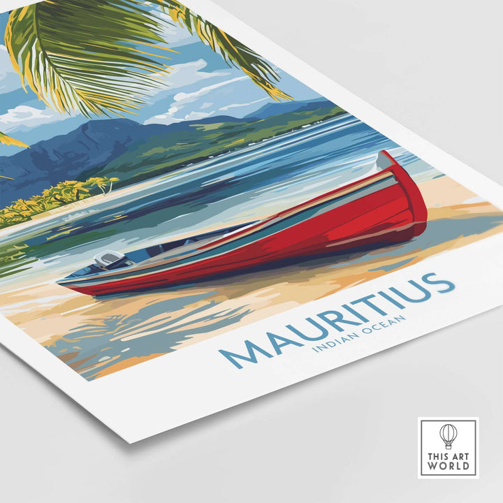 Vibrant Mauritius travel poster featuring a red boat, palm trees, and tropical scenery for a paradise-themed decor.