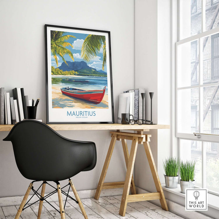 Vibrant Mauritius travel poster featuring red boat, palm trees, and mountain, perfect for tropical paradise decor.