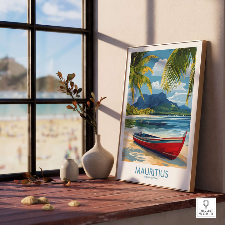 Mauritius travel poster featuring a red boat, palm trees, and mountains, perfect tropical paradise decor for your home.