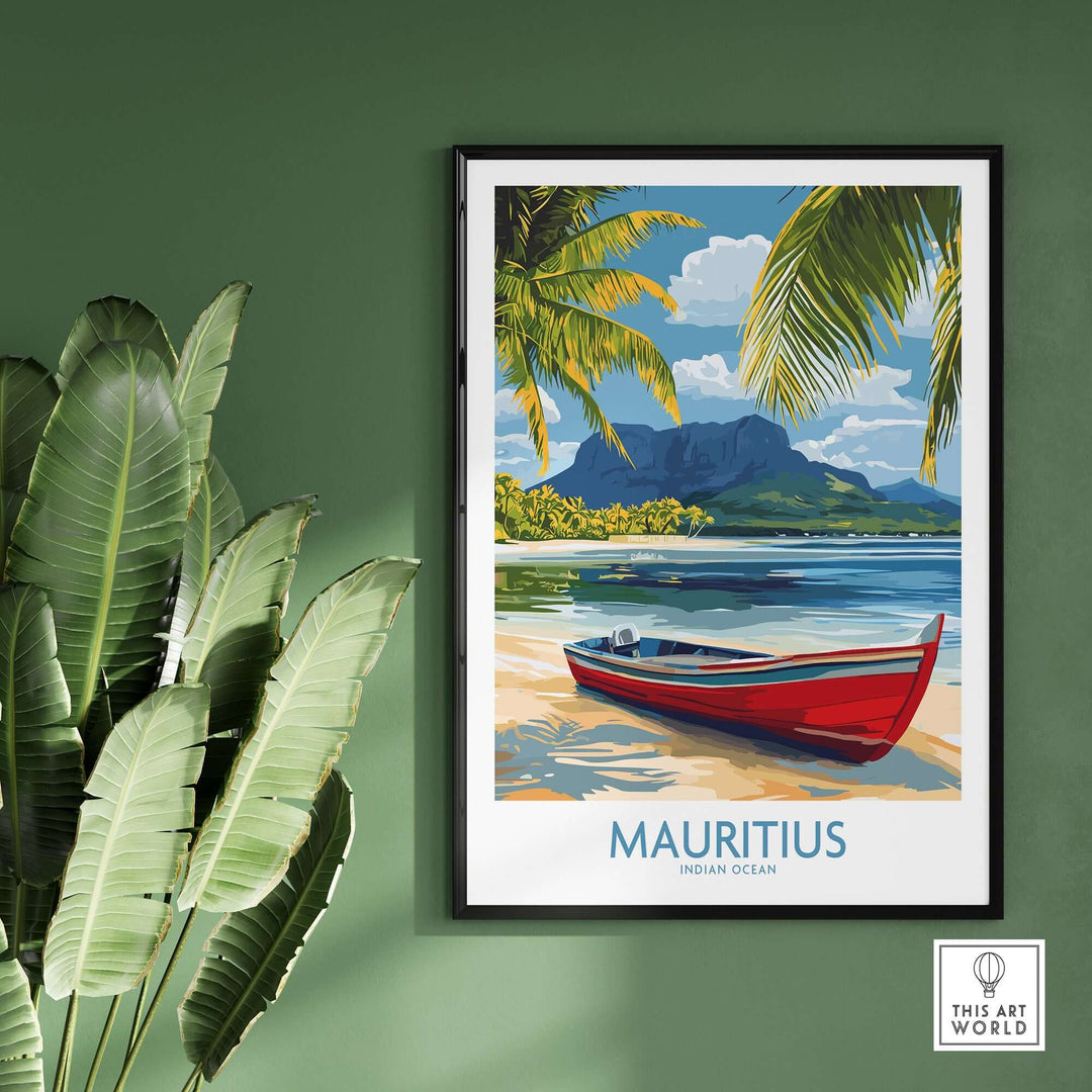 Vibrant Mauritius travel poster featuring a red boat, palm trees, and mountains, perfect for tropical paradise décor.