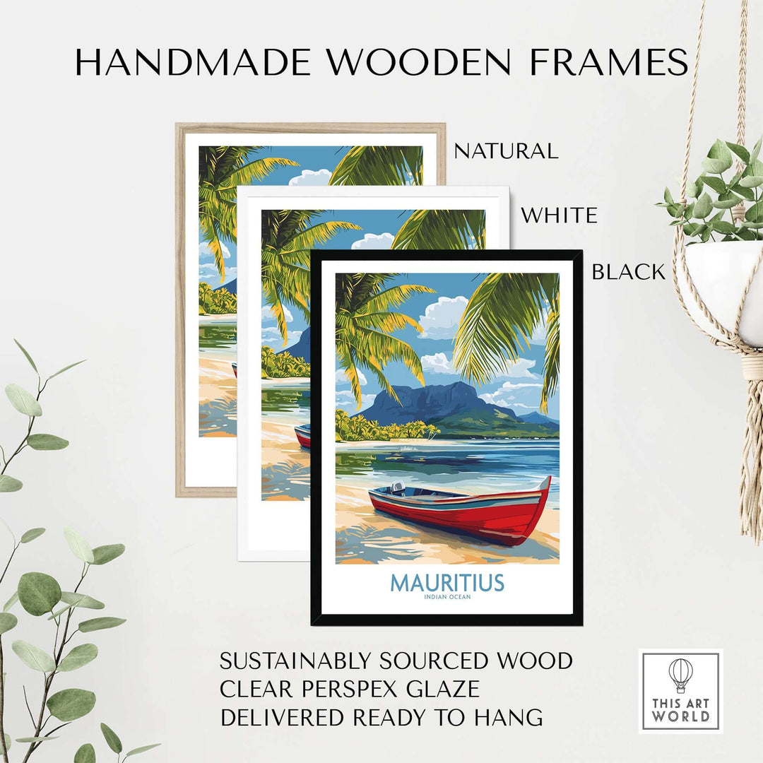 Mauritius travel poster in handmade wooden frames in natural, white, and black, featuring palm trees and a red boat.