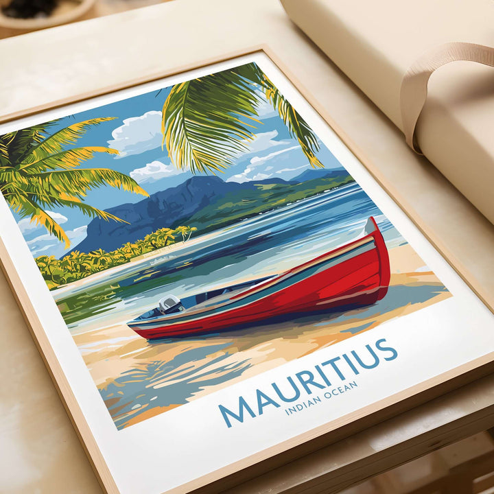 Colorful Mauritius travel poster featuring a red boat, palm trees, and mountains for tropical paradise decor.