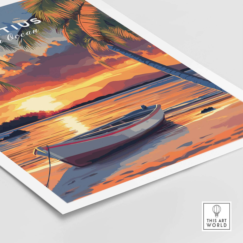 Mauritius travel print depicting a beautiful sunset over the ocean with a boat and palm trees, perfect for beach lovers.