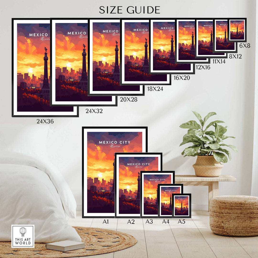 Size guide for Mexico City Travel Print featuring El Ángel monument in various frame sizes.