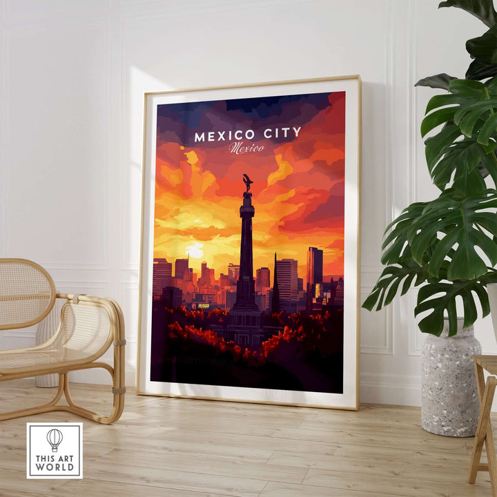 Mexico City travel print featuring El Ángel monument at sunset, showcasing vibrant colors and city skyline.