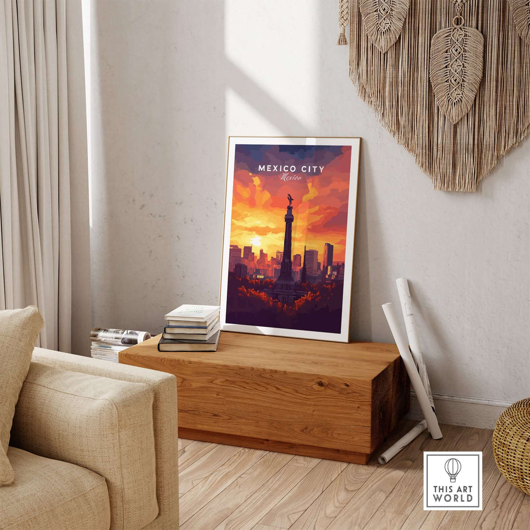 Vibrant Mexico City travel print featuring El Ángel monument against a sunset background, ideal for home decor.