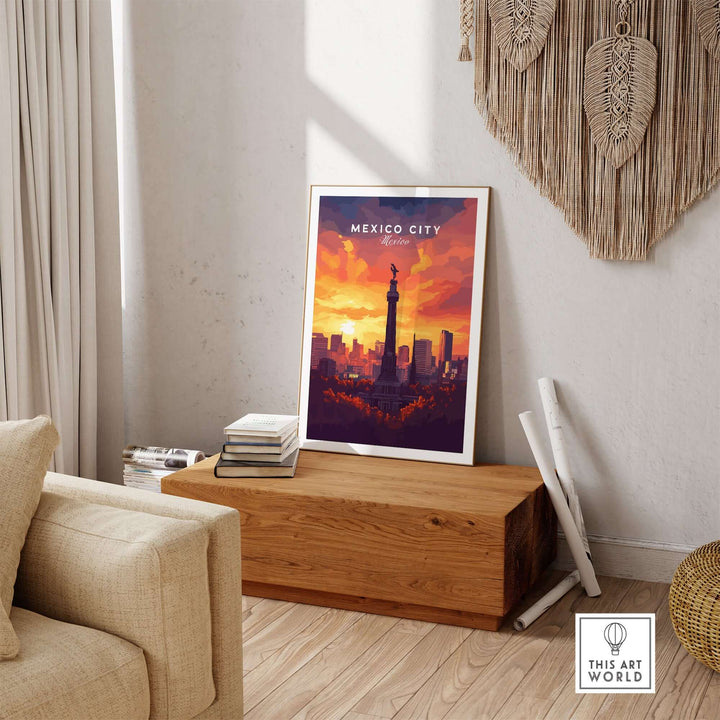 Vibrant Mexico City travel print featuring El Ángel monument against a sunset background, ideal for home decor.
