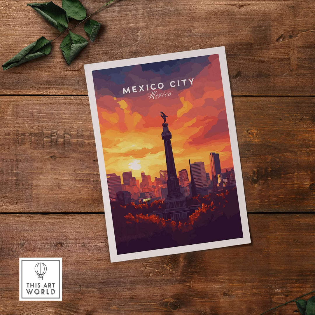 Vibrant Mexico City travel print featuring the iconic El Ángel monument at sunset.