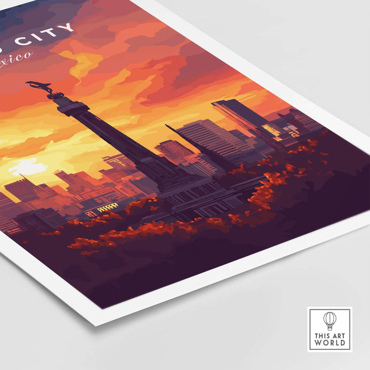 Vibrant Mexico City travel print featuring El Ángel monument against a colorful sunset backdrop.