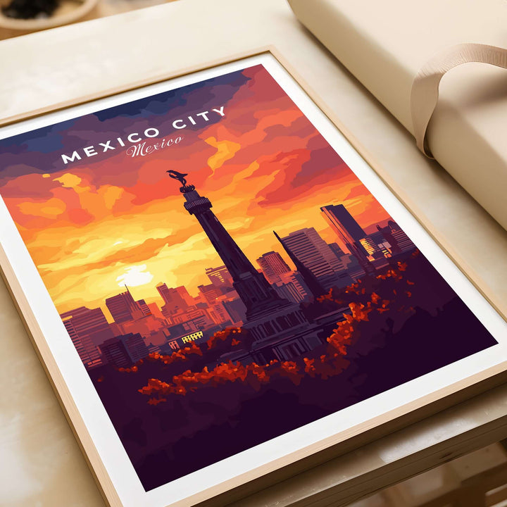 Vibrant Mexico City travel print featuring El Ángel monument against a colorful sunset skyline.