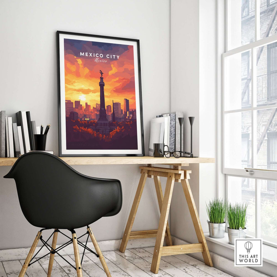 Colorful Mexico City travel print of El Ángel monument displayed in a modern workspace.