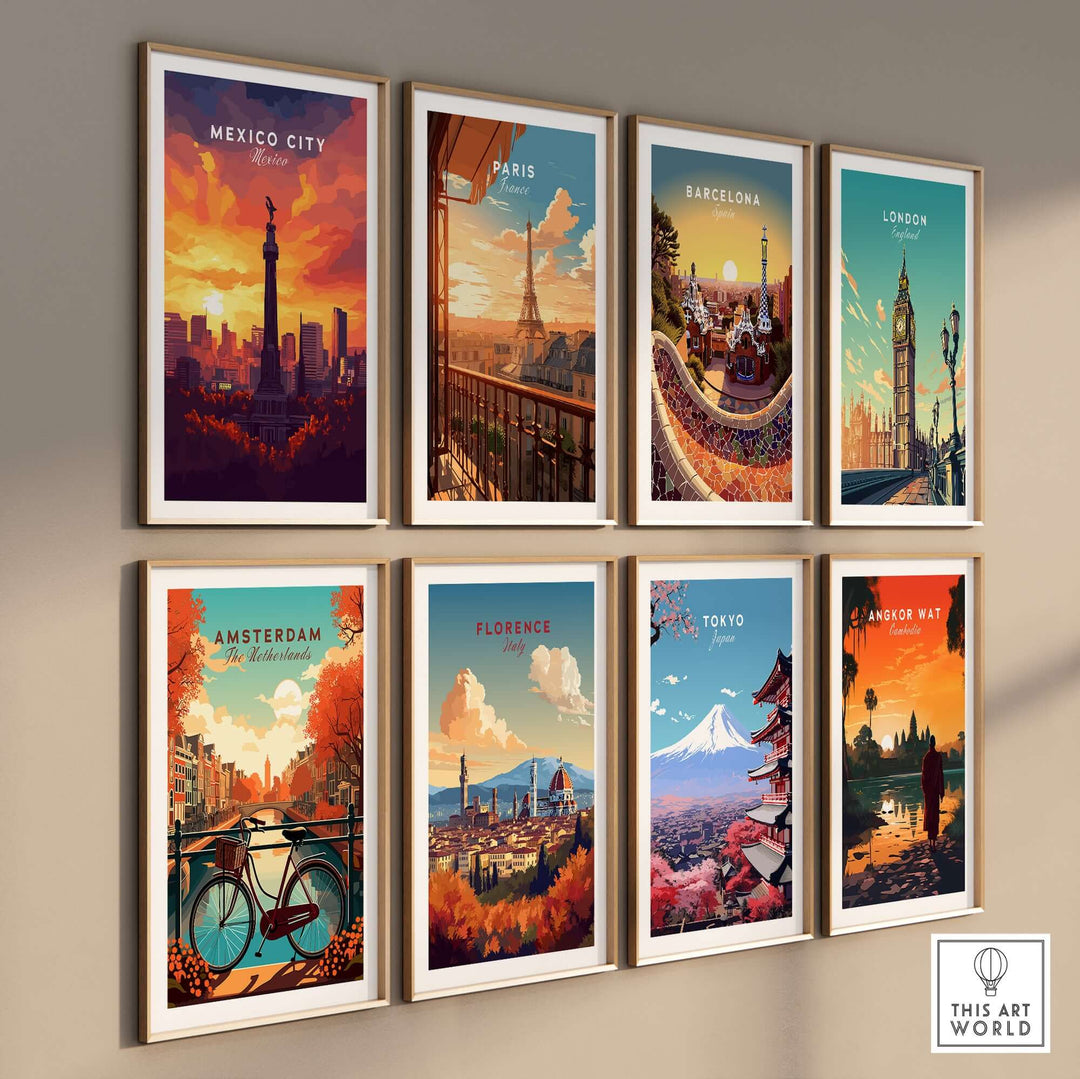 Colorful travel prints showcasing iconic landmarks from Mexico City, Paris, Barcelona, London, Amsterdam, Florence, Tokyo, and Bangkok.