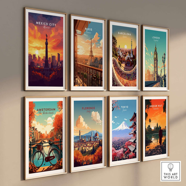 Colorful travel prints showcasing iconic landmarks from Mexico City, Paris, Barcelona, London, Amsterdam, Florence, Tokyo, and Bangkok.