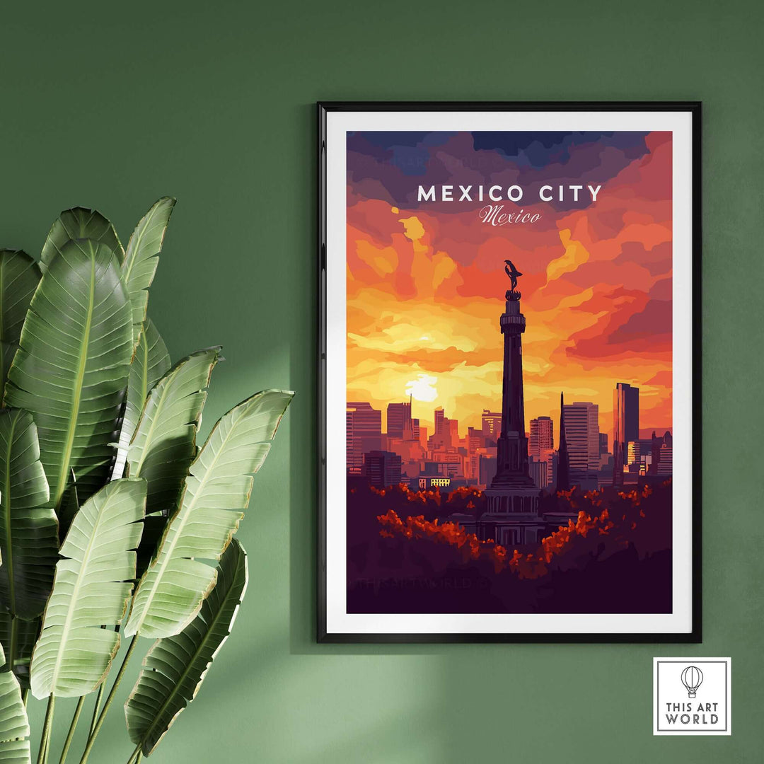 Vibrant Mexico City travel print featuring El Ángel monument against a sunset skyline backdrop.