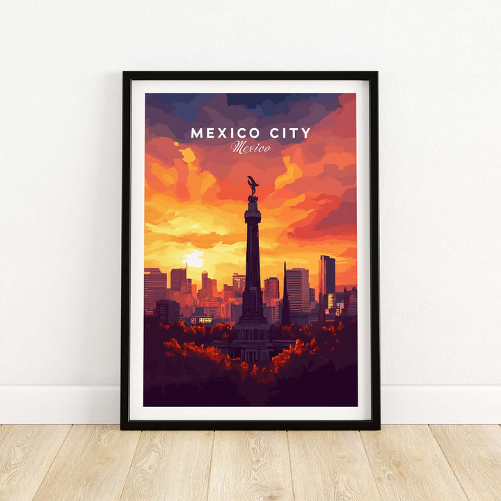 Mexico City travel print of El Ángel monument at sunset, showcasing vibrant colors and urban skyline.