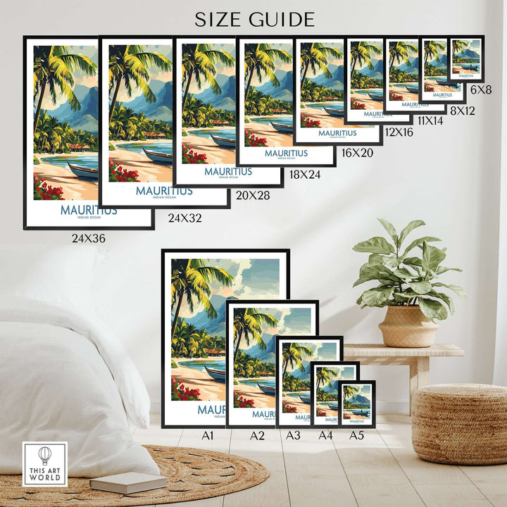 Size guide for Mauritius Print wall art showcasing various sizes and a tropical beach view.