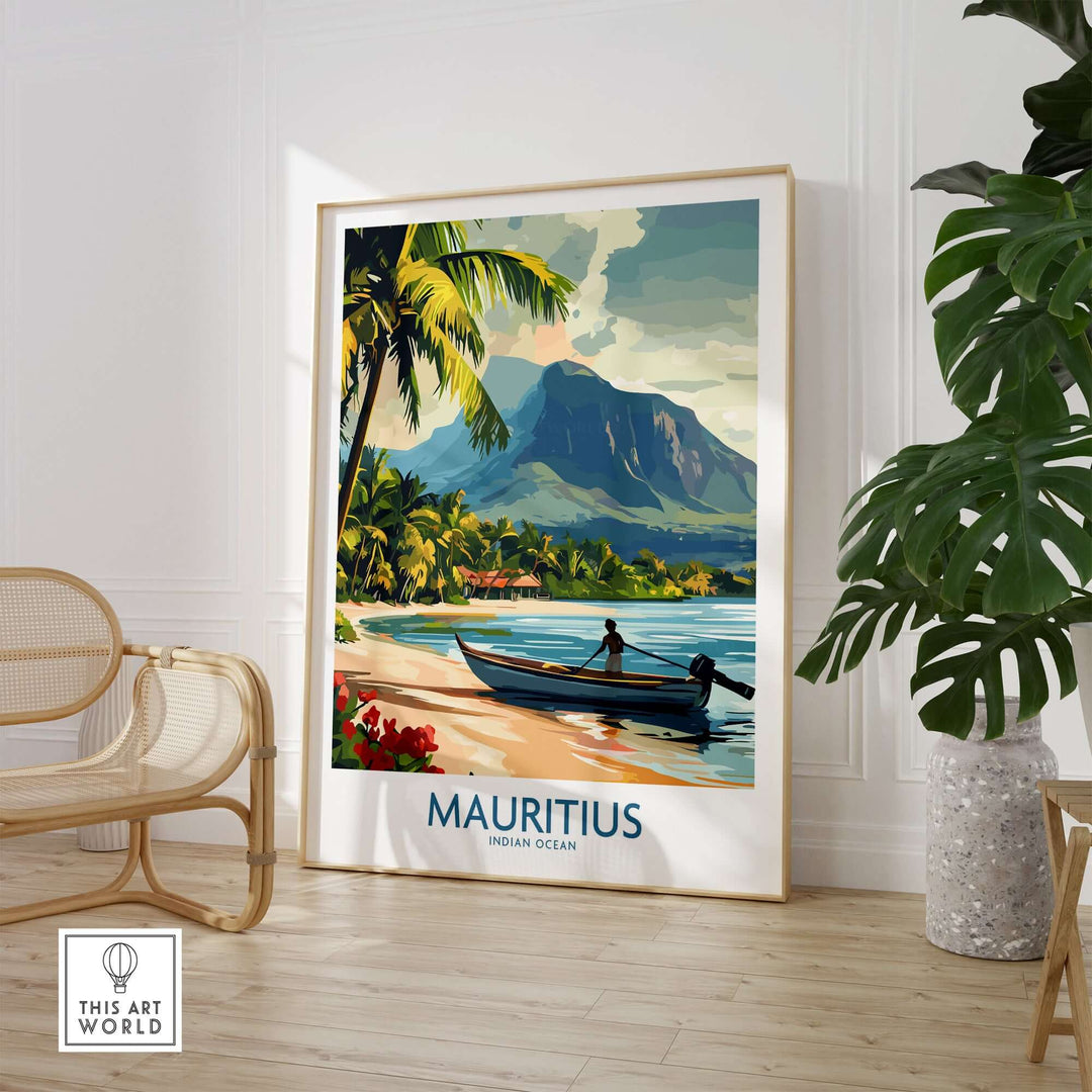 Mauritius print wall art featuring a scenic tropical view with a boat, palm trees, and mountains in a stylish interior setting.