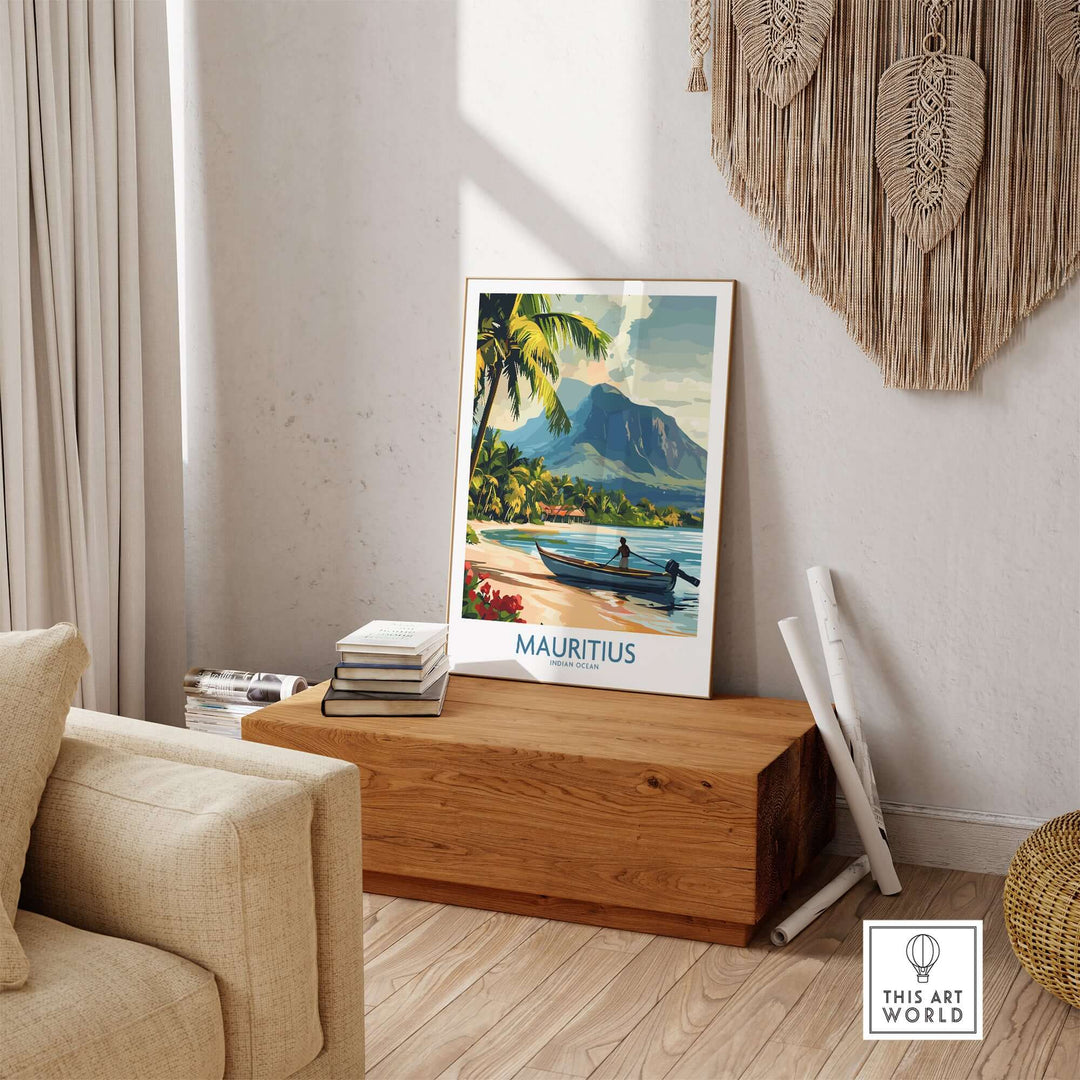 Mauritius print wall art featuring a serene tropical beach and boat, perfect for an exotic getaway decor.