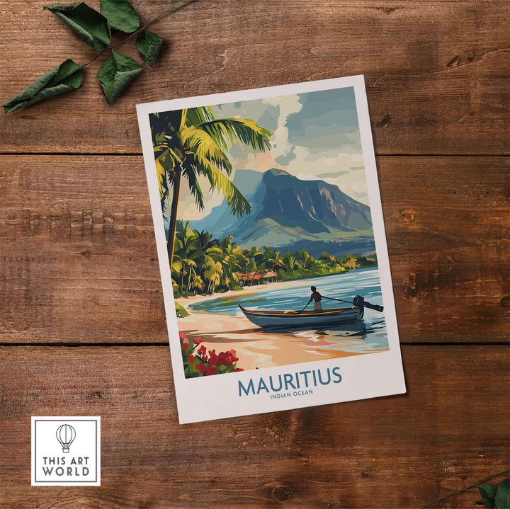 Mauritius print artwork featuring a scenic tropical view with a boat and lush palm trees.