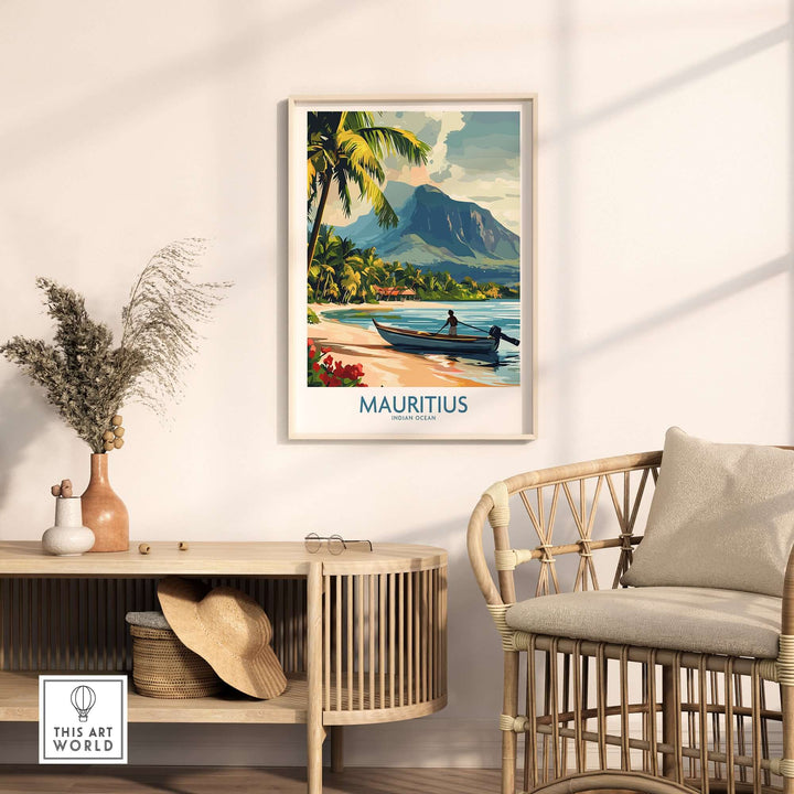 Mauritius wall art featuring a scenic tropical view with an island boat and lush palm trees.