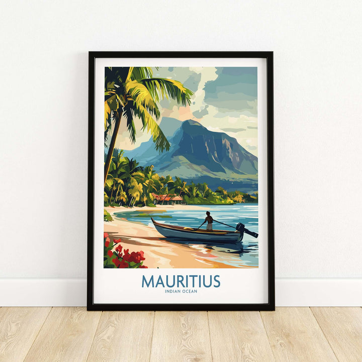 Mauritius Print showcasing a tranquil beach scene with a boat, palm trees, and mountains, perfect for tropical decor.