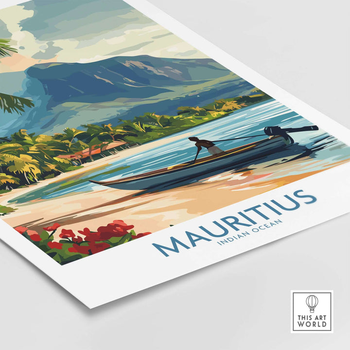 Mauritius print featuring a scenic tropical beach and island boat, perfect wall art for an exotic getaway.
