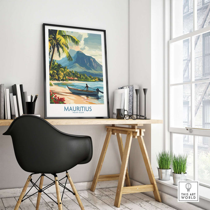 Scenic Mauritius print featuring an island boat, tropical paradise view, ideal for home decor inspiration.