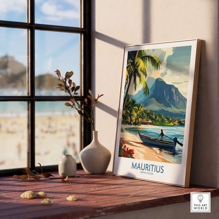 Mauritius print on display featuring a serene beach view with palm trees and a boat, capturing tropical paradise vibes.