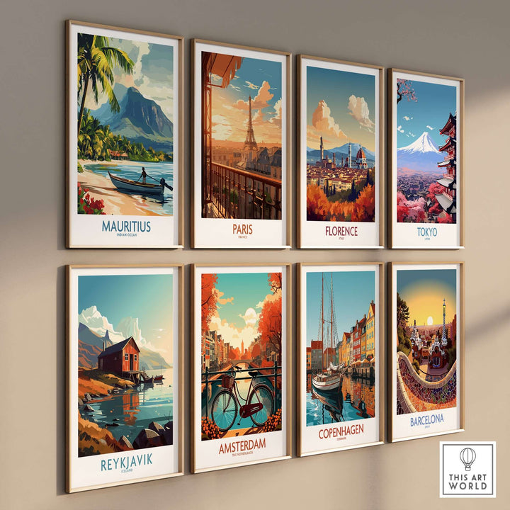 Gallery of travel-inspired prints featuring Mauritius, Paris, Florence, Tokyo, Reykjavik, Amsterdam, Copenhagen, and Barcelona.