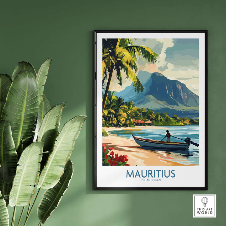 Mauritius print featuring a scenic tropical beach view with a boat, perfect for exotic wall art decor.