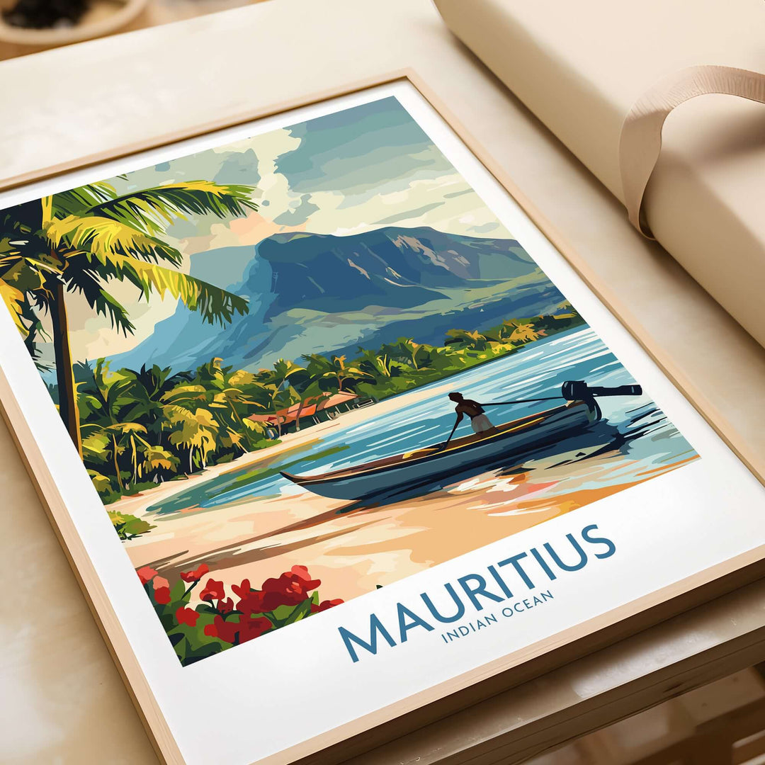 Mauritius print featuring a serene beach scene with a boat and palm trees, perfect tropical wall art for any decor.