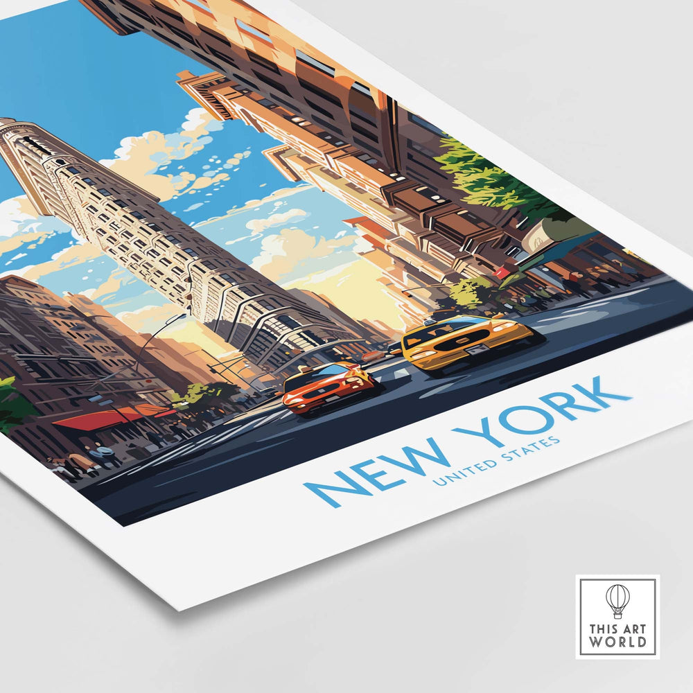 New York City wall art featuring the iconic Flatiron Building and yellow cabs, ideal for travel enthusiasts.
