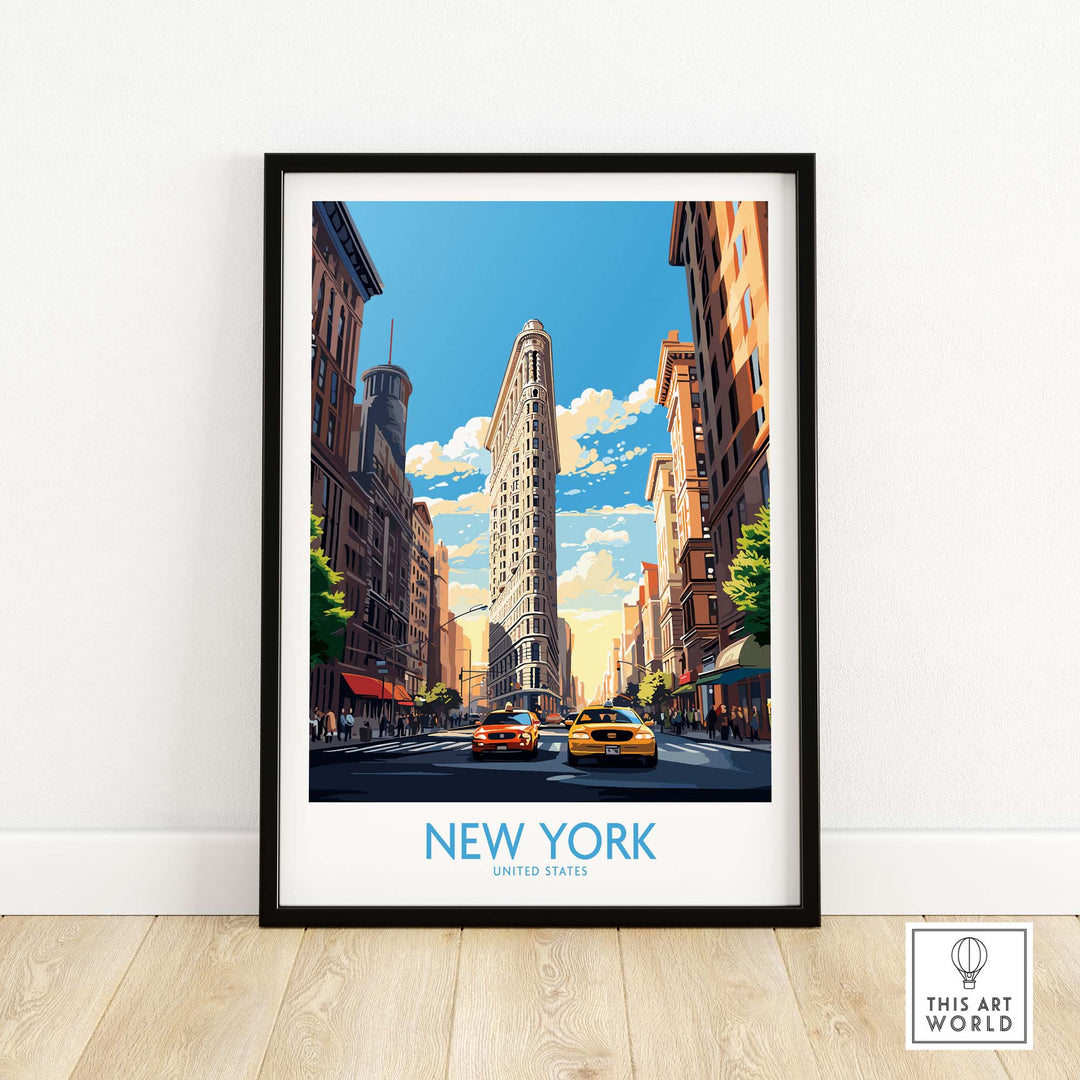 Framed New York City Wall Art featuring the Flatiron Building and yellow cabs against a bright blue sky.