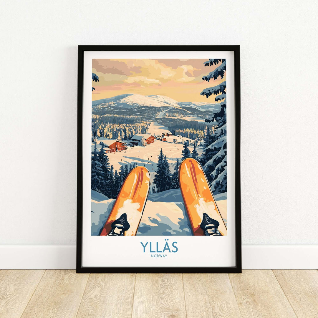 Ylläs snowy cabin print featuring ski equipment and a scenic winter landscape in Norway.