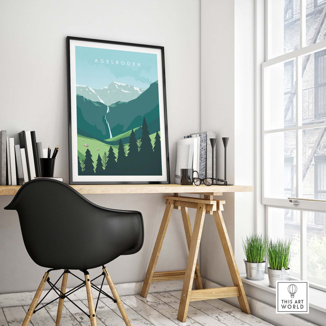 Adelboden travel poster print showcasing Swiss mountains and greenery in a stylish home office setting.