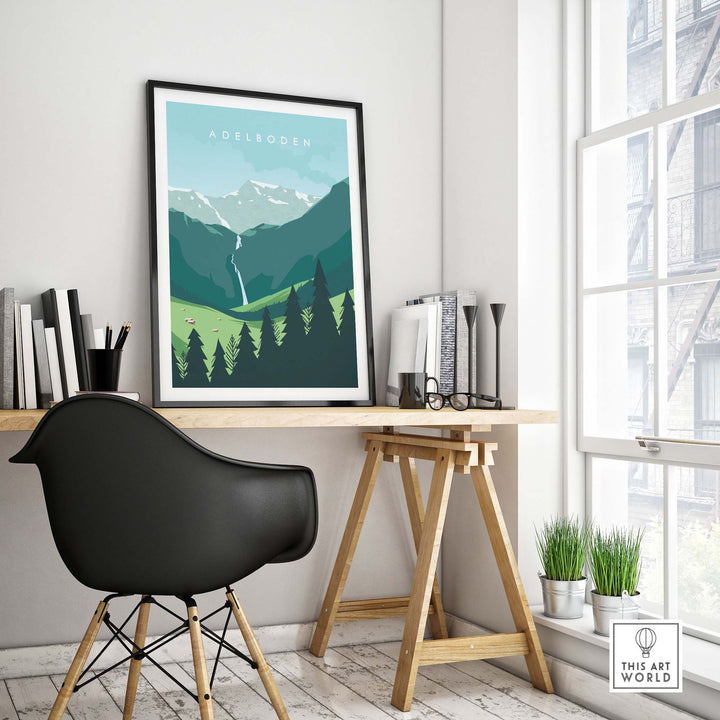 Adelboden travel poster print showcasing Swiss mountains and greenery in a stylish home office setting.